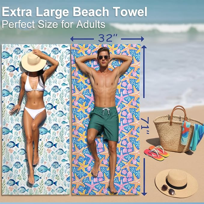 2 Pcs Microfiber Beach Towel Sand Free Quick Dry Oversized Lightweight Nautical Starfish Seashell Print Pink Blue Yellow Bath Towels for Travel Pool Swim Yoga 71 x 32 Inches