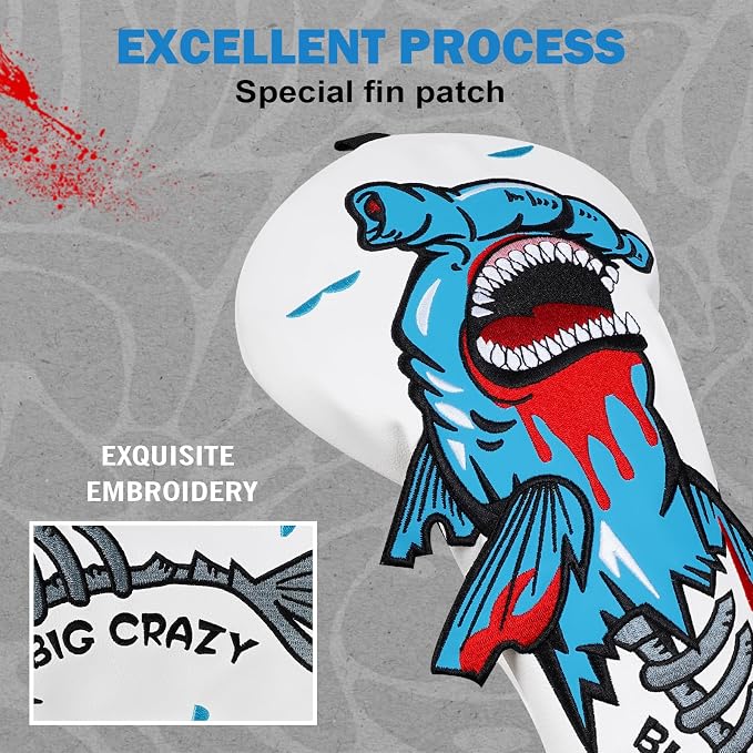 Big Crazy Golf Head Covers, Golf Club Covers Funny, Driver Headcovers, Golf Club Covers, Fairway Woods Head Covers, Hybrids Headcover, Putter Cover with Soft Lining for Golf Gift Hammerhead Sharks
