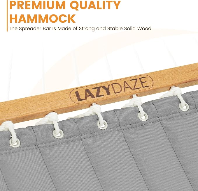 Lazy Daze Hammocks 12 FT Double Quilted Fabric Hammock with Spreader Bar and Detachable Pillow, 2 Person Double for Outside Patio Backyard, 450lbs Capacity, Light Gray