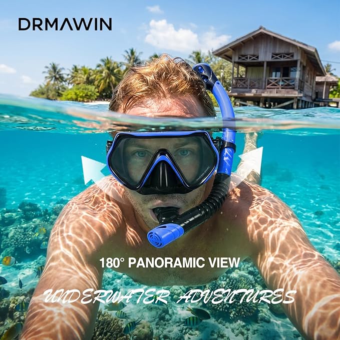 DRMAWIN Snorkeling Gear for Adults & Kids, Dry-Top Snorkel Set with 180° Tempered Glass Mask, Anti-Fog Anti-Leak, Travel Mesh Gear Bag