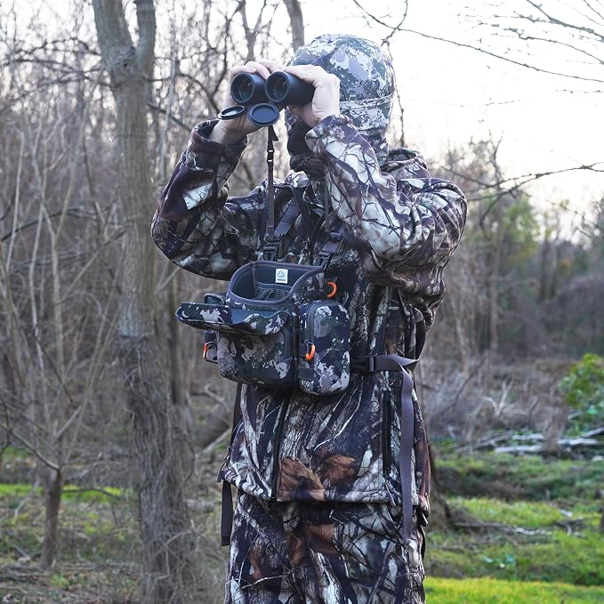 Binocular Harness Chest Pack, Bino Harness Bag with Rangefinder Pouch & Rain Cover, Molle System Multifunction Hunting Pack