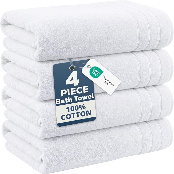 Casa Platino 100% Cotton 4 Pack Bath Towels (30"x60") - Ring Spun Cotton - Large Towels for Bathroom - Quick Drying, Highly Soft & Absorbent Shower Towel Set - Hotel & Spa Quality - White Towel Set