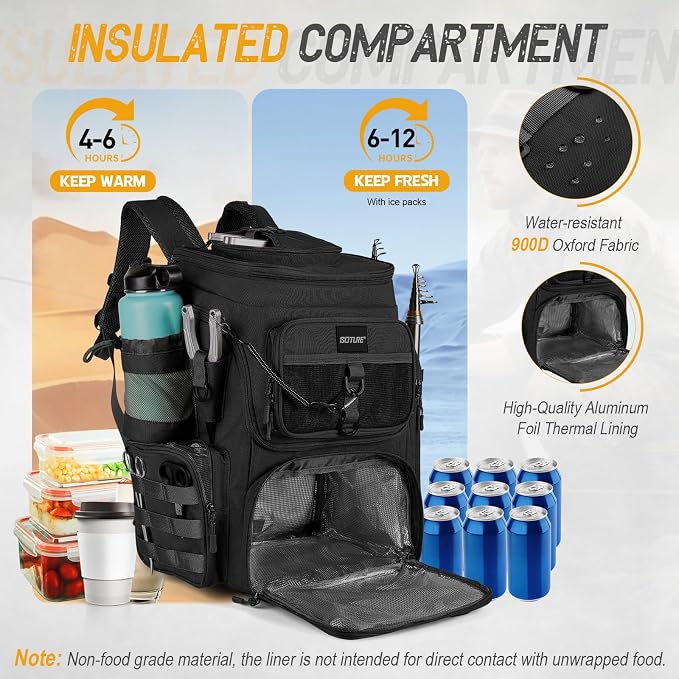 Goture Fishing Backpack, 900D Water-Resistant Tackle Bag with Rod Holders, Insulated Cooler Compartment, 55L Large Capacity Fishing Gear Storage for Saltwater&Freshwater Camping Hiking,Gifts for Men