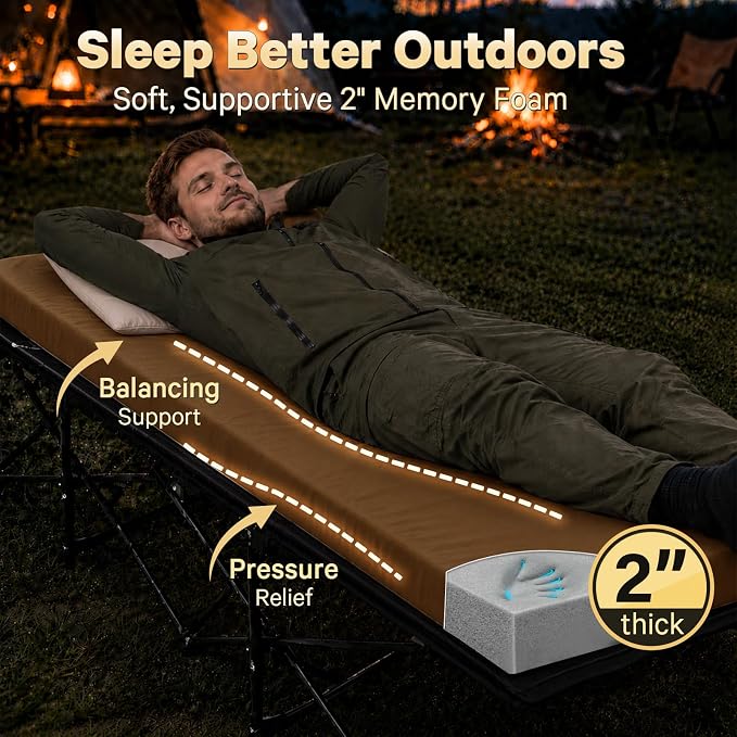 CYMULA Camping Cot Pad 2 Inch Memory Foam, Camping Pad for Folding Cot and Foldable Cot, Portable Roll Up Camp Gear for Car Camping Travel Tent, Non-Slip Waterproof Bottom, Removable Cover, Pad Only