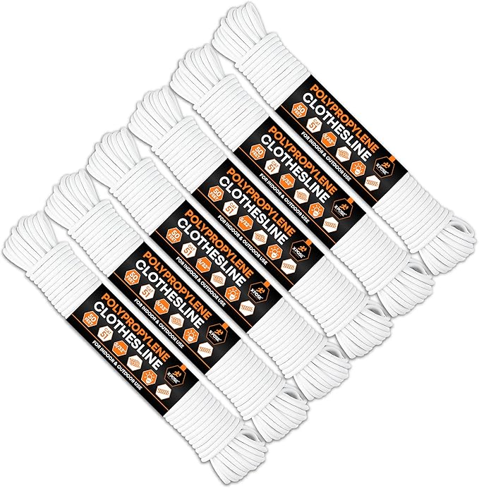 Plastic Clothesline Rope 5/32" x 50 FT, 6 Pack White Outdoor Clothes Line for Hanging and Drying Laundry, Weather Resistant Braided Plastic Laundry Line, Synthetic Cord for Clothesline Pulley