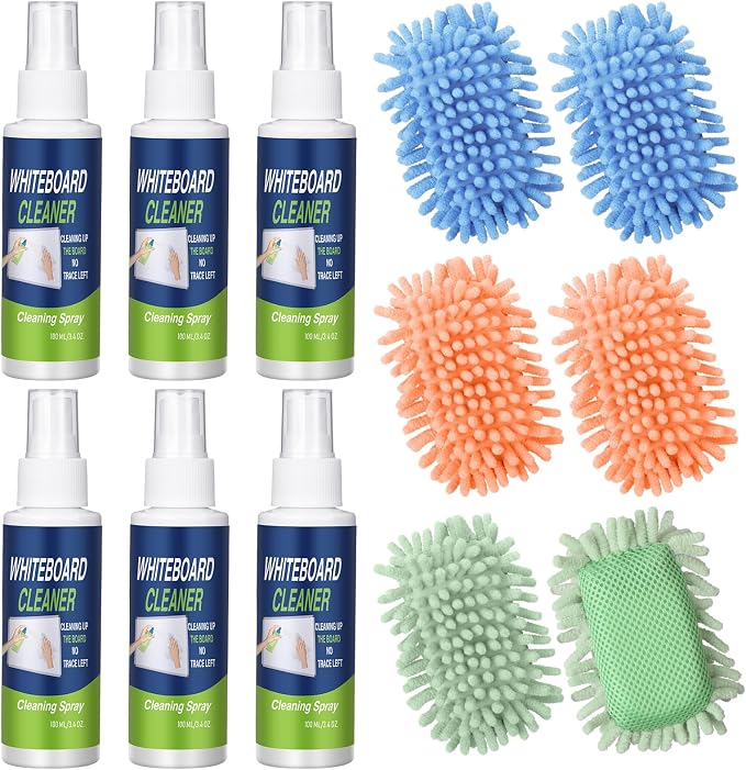 Fuyoooo 6 Pack Whiteboard Cleaner 3.4 Fl oz White Board Cleaning Spray Dry Erase Board Cleaner with Microfiber Shag Whiteboard Eraser Removes Stubborn Marks from Chalkboard (Pastel)