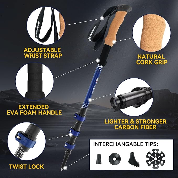 Carbon Fiber Trekking Poles Lightweight - Collapsible Hiking Poles with Cork Grip & Quick-Lock System, 2 PCS Adjustable Backpacking & Mountaineering Walking Hiking Sticks for Men, Women, Seniors