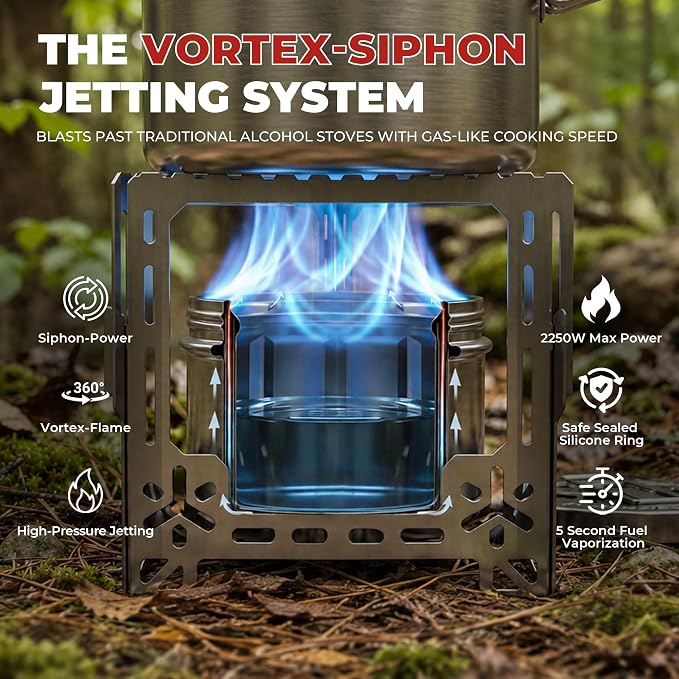 Alocs 2250W Alcohol Stove - Camping Stove with Sealed Cover - Stainless Steel Backpacking Solo Stove with Foldable Stand for Outdoor, Hiking, Survival, Climbing and Picnic