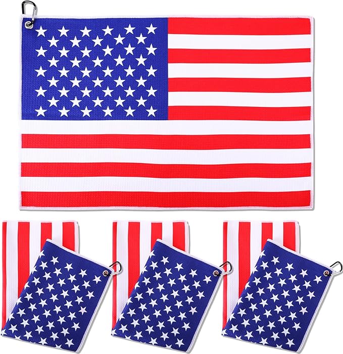 Batiyeer 3 Pack American Flag Golf Towels Independence Day Caddy Towels Gifts Large 16 x 24 Waffle Pattern with Carabiner Clip, Ultra-Absorbent Golf Gear for Men Fourth of July Gifts, Red Blue White