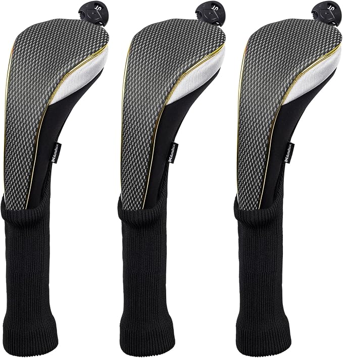 Andux 3Pcs/Set Long Neck Gold Golf Hybrids Club Head Covers with Dial No. Tag MT/HY14