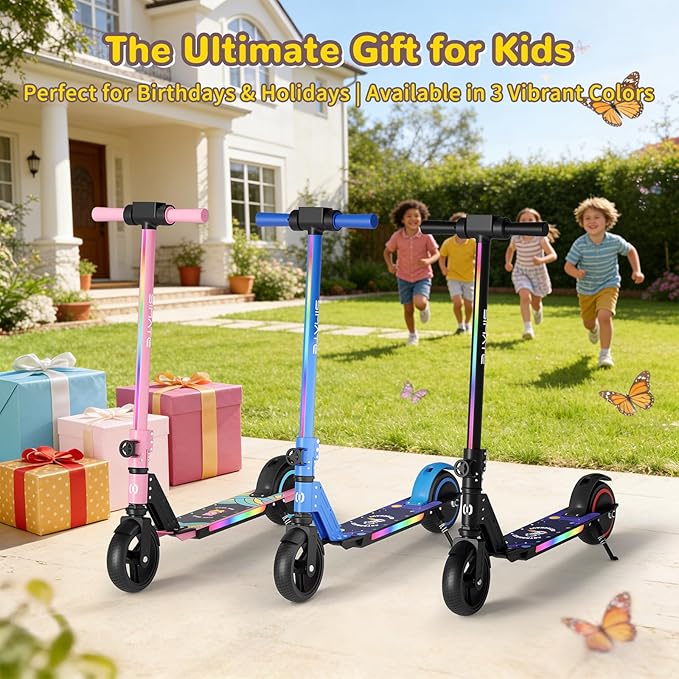 SIMATE Electric Scooter for Kids 6-14, e Kick Scooter with LED Display and Colorful Lights, Adjustable Height and Foldable, Double Brake, Gifts for Kids Girls Boys