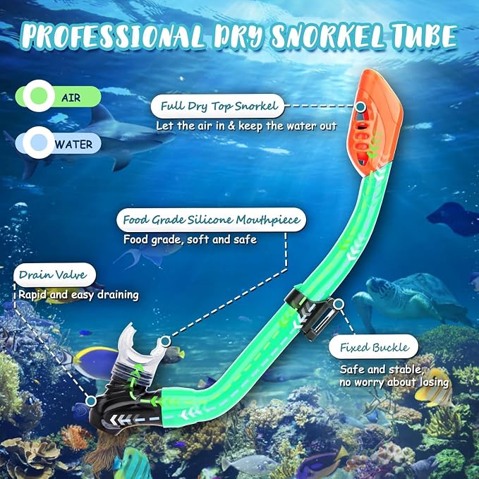 Snorkeling Gear for Kids, 4 in 1 Child Mask Fins Snorkel Set with Panoramic View Anti Fog Mask, Dry Top Snorkel, Trek Fins and Travel Bag, Kids Snorkeling Set with Fins for Snorkeling Swimming