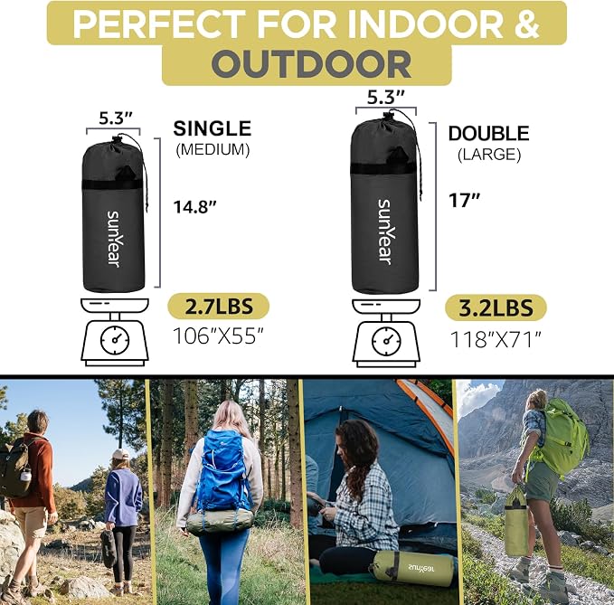 Sunyear Camping Hammock Tent - Portable Hammocks with Mosquito Net (Single/Double, 500lbs Capacity) - Spacious & Anti-Rollover Design with 2 Tree Straps for Hiking, Backpacking, Indoor/Outdoor Use