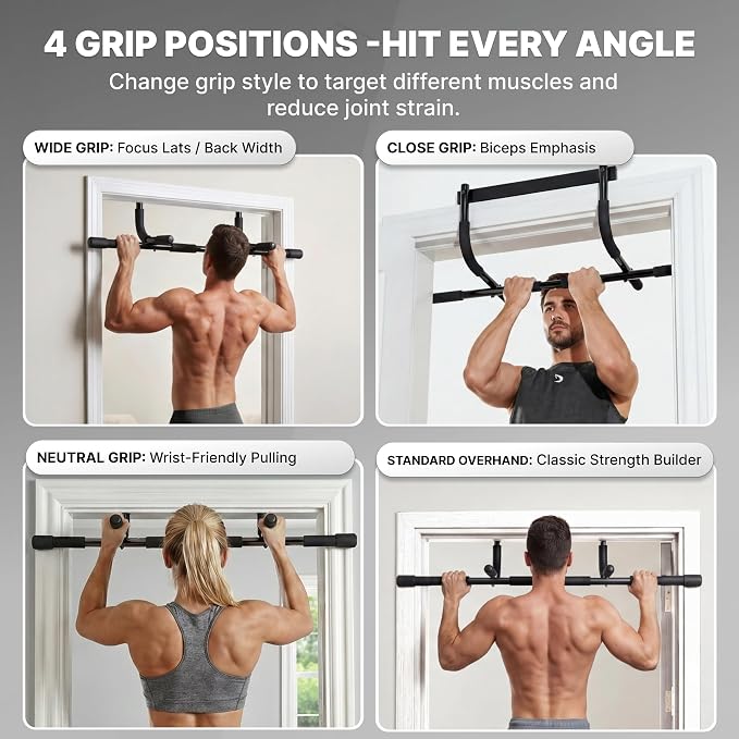 DMoose Fitness Pull Up Bar for Doorway - Upto 250 Lbs Capacity, No Screwing or Slipping, Hanging Pullup & Chin Up Bar for Door Frame - Multi Padded Grips for Strength Training with Installation Guide
