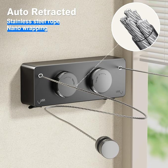 MUSTORN Retractable Twin Clothesline Indoor, Non-Sagging Outdoor Clothes Line Retracting Heavy Duty Clothes Drying Laundry Line Wall Mounted Stainless Steel Line-13.8Feets(Double Line-Black)