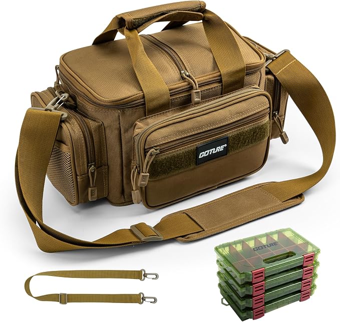Goture Fishing Tackle Bag with 4 Tackle Boxes, Soft Side 600D Water-Resistant Cross Body Sling Fishing Bag, Small Saltwater Gear Storage Tactical Bags, Gifts for Men/Women (15.75"x9.45"x8.27")