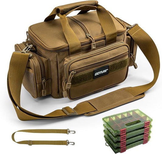 Goture Fishing Tackle Bag with 4 Tackle Boxes, Soft Side 600D Water-Resistant Cross Body Sling Fishing Bag, Small Saltwater Gear Storage Tactical Bags, Gifts for Men/Women (15.75"x9.45"x8.27")