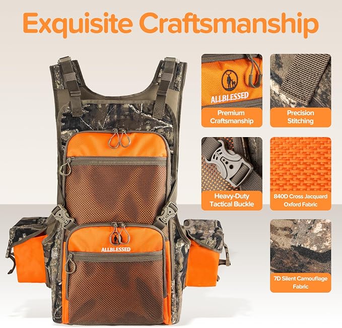 Upland Hunting Vest Backpack - Durable Orange Camo Game Vest with Multiple Pockets, Adjustable Fit, Bird Hunting Vest for Men
