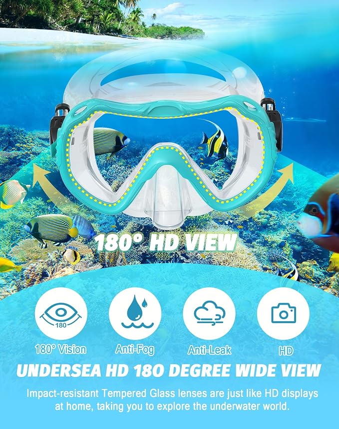 Snorkeling Gear for Adults, Snorkel Mask Set 180° Panoramic View Snorkel Gear, 100% Food-Grade Silicone Anti-Fog Anti-Leak Dry Top Diving Mask for Snorkeling Swimming Scuba Diving