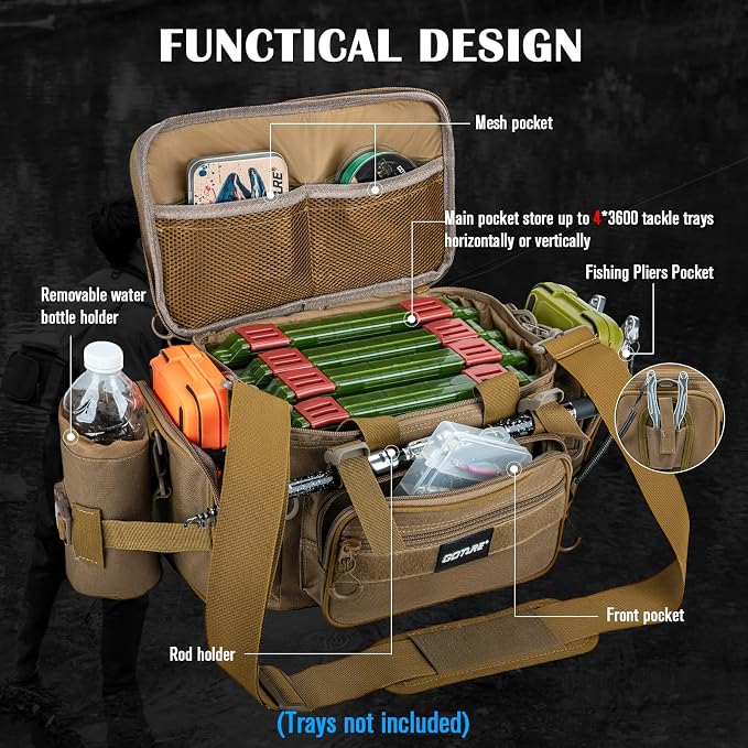 Goture Fishing Tackle Bag, 600D Water-Resistant Soft Side Crossbody Sling Bag with Rod Holder,Small Gear Storage Tactical Bags for Saltwater & Freshwater,Fits 4 3600 Tackle Boxes (Not Included)