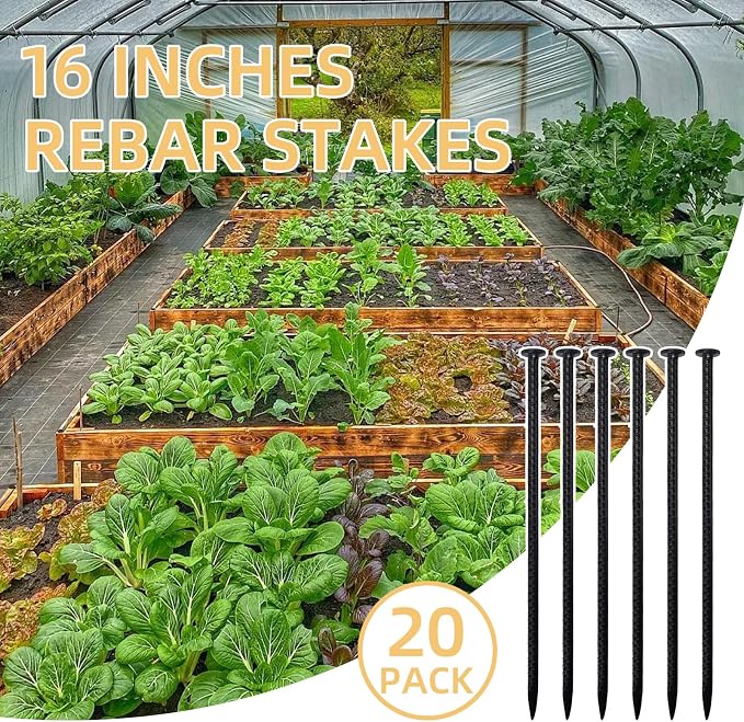16 Inch Rebar Stakes, 0.4 Inch Diameter Ground Stake, Metal Stakes for Ground, Heavy Duty Ground Anchor Spikes for Speed Bump, Parking Curb and Camping Tent (20Pcs, Black)