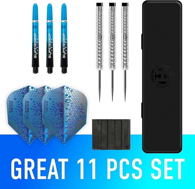 Harrows Pulse 90% Tungsten Steel Tip Darts Set 21g, 22g, 23g, 24g, 25g & 26g - Includes Recessed Curve Grip, Aqua Supergrip Fusion Shafts, Prime Flights & Travel Case