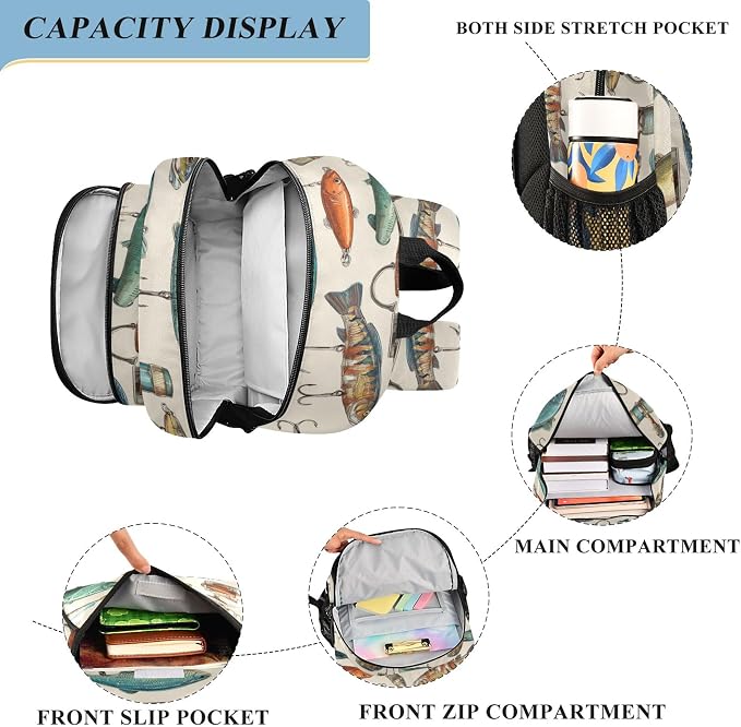Fisyme Fishing Lures Fisherman Retro School Backpack Laptop Backpacks Bags Bookbag Travel Casual Computer Notebooks Daypacks