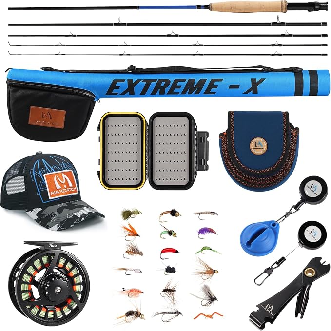 Maxcatch Extreme-X Fly Fishing Rod and Reel Combo, 3-8wt Complete Starter Fishing Outfit with Fly Box, Flies, Rod Clip Holder, Rod Case, Extra Tip Section