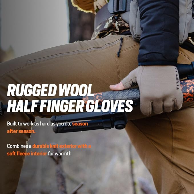 First Lite Rugged Wool Half Finger Glove | Merino Wool Fingerless Hunting Gloves for Men | Silicone Grip Palm for Shooting Dexterity