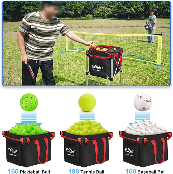 Pickleball Tennis Hopper–Foldable Cart Holds 180 Tennis/160 Pickleballs | Large Capacity |Lightweight with Wheels| Removable Bag| Side Pocket | Multi-Sport Use