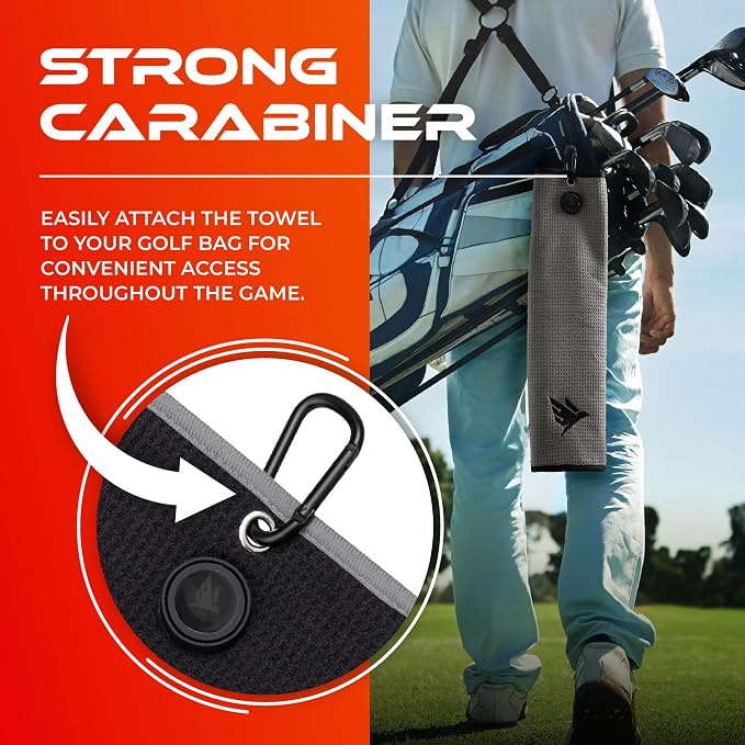 SWIFTEE Ultimate 4-in-1 Premium Golf Towel with Built-in Brush, Magnet, Ball Marker & Carabiner - 760GSM Microfibre Waffle Towel with Inner Wet Dry Liner (Grey)
