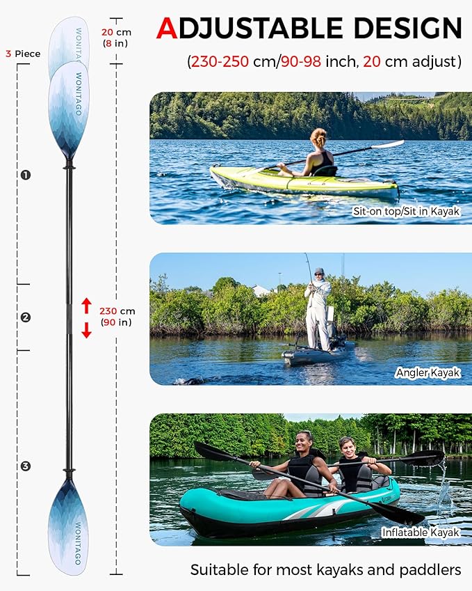 Kayak Paddle Carbon Fiber Shaft and Reinforced Nylon Blade, Adjustable Kayaking Oars, 3 Piece, 230-250 cm/90-98 Inches,210-230 cm/82-90 inches