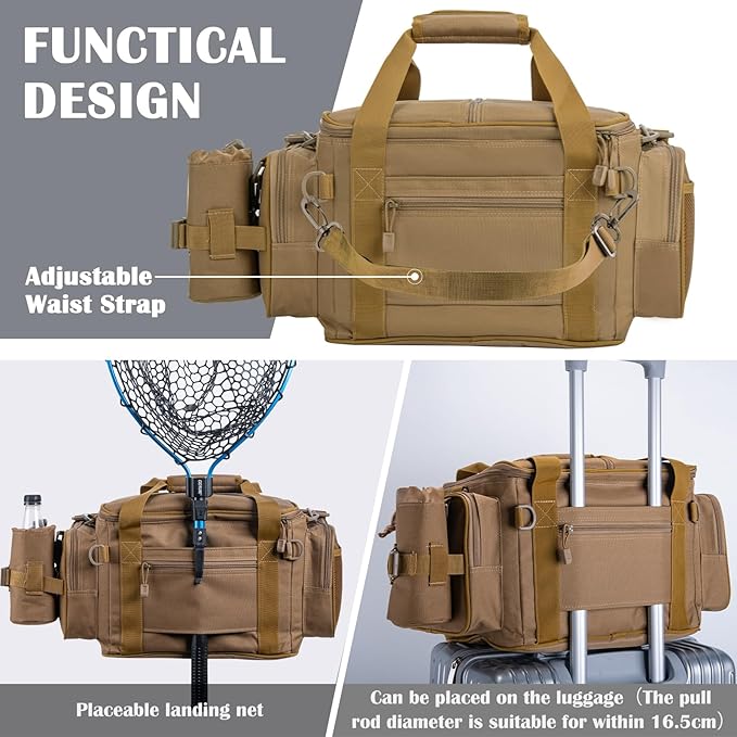 Goture Fishing Tackle Bag,Store Up to 4PCS 3700 Tackle Boxes(Not Included),600D Soft Side Water-Resistant Saltwater Gear Storage Fishing Bag with Rod Straps,Detachable Water Bottle Pouch,SBS Zippers
