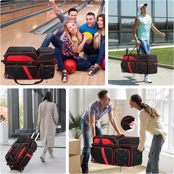 BOSSTIN 3 Ball Bowling Bags with Wheels, Secure Adhesive Fixed Ball Cup & Shoe Compartment, Bowling Ball Bag 3 Ball Roller with Multi-Pockets