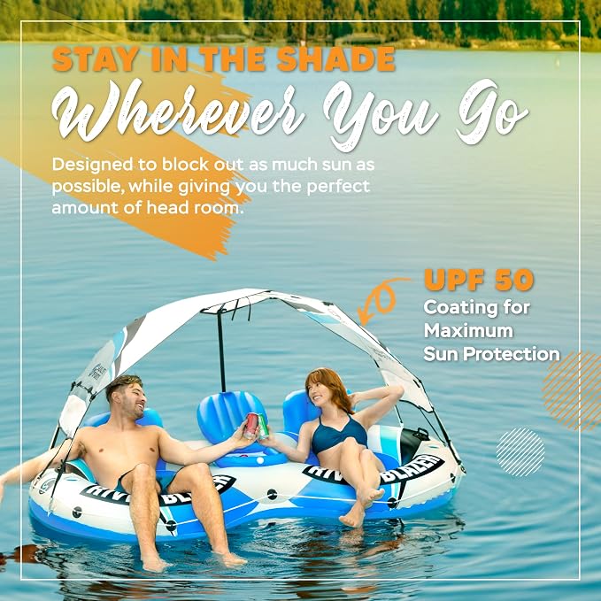 Sunlite Sports River Tube with Canopy for 1 or 2 Person - Heavy Duty Inflatable Water Float with Cup Holders, UV Sun Protection, Comfortable Lounge Design for Lake, River, Pool