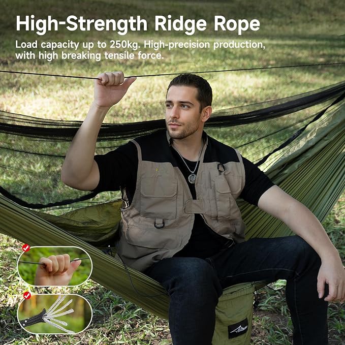 Camping Hammock with Net and Rain Fly, Lightweight Hanging Hammocks Tree Straps Hammock for Outside, Hiking, and Travel