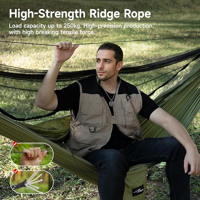 Camping Hammock with Mosquito Net and Tent Tarp, Lightweight Hanging Hammocks Tree Straps, All-in-one Fast Open Hammock for Outside, Hiking, and Travel