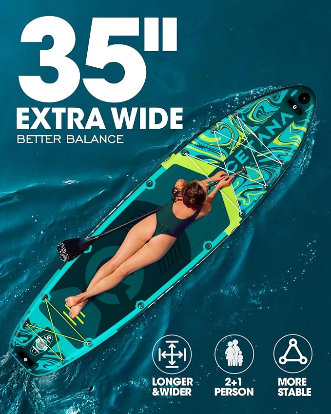 CETANA Extra Wide Inflatable Paddle Board 11'6 x 35" x 6", 450LB High Weight Capacity Wide Stable Stand Up Paddle Board for Beginners, 2–3 Person Large Paddleboard with 3 Fins, Dual Bungee, 15 D Rings
