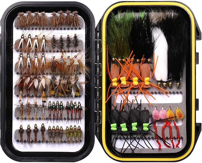 Wifreo Fly Fishing Flies Assortment with Waterproof Fly Box, 28/40/64/92/120pcs Dry/Wet/Nymph/Streamer Flies, Trout/Bass/Panfish/Salmon Fishing Flies