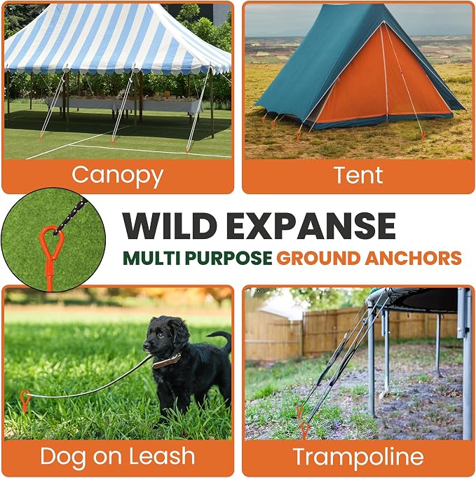 15" Screw-In Ground Anchors (4 Pack) – Heavy Duty Orange Trampoline Stakes, High Visibility Earth Augers with Drill Bit & Glow Carabiners for Canopy Tents, Carports & Swing Sets