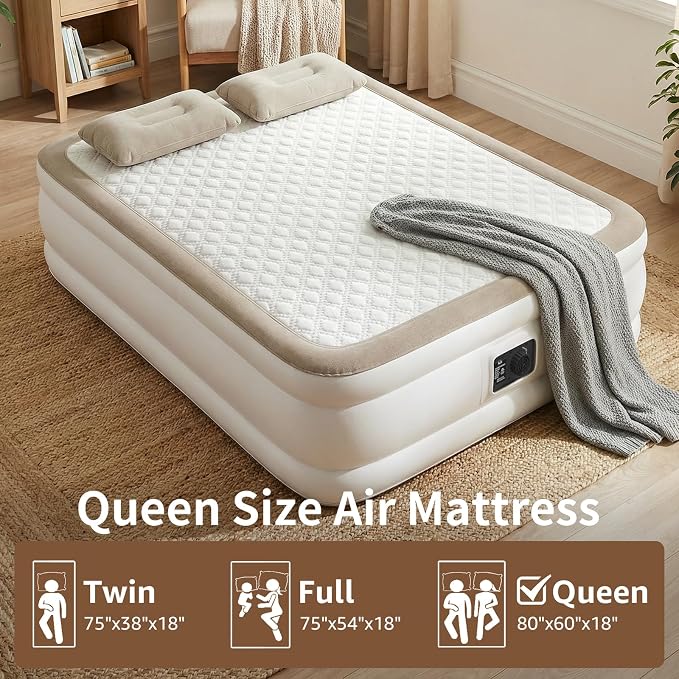 YENING Foam Air Mattress Queen with Built in Pump 18 Inch Tall Queen Size Inflatable Bed Self Inflate Blow up Airbed