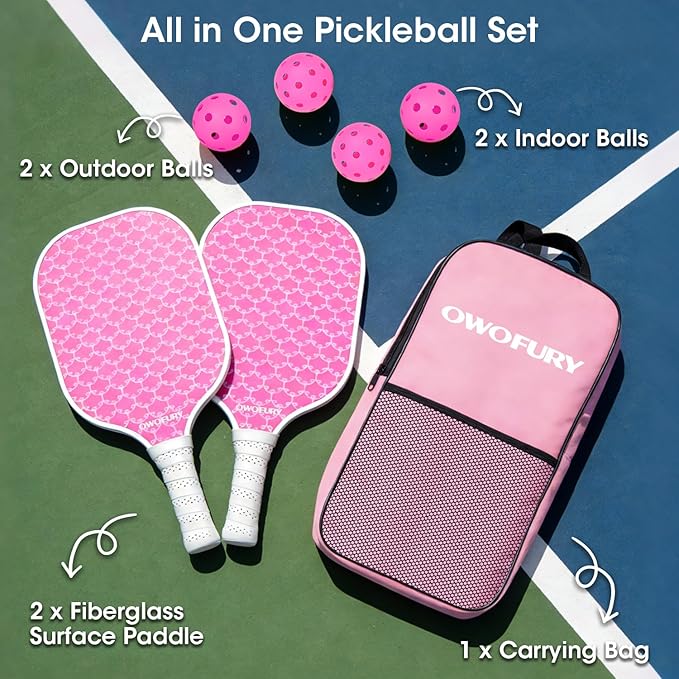 Fiberglass Pickleball Paddles Set of 2, Pickle Ball Racket Lightweight Honeycomb Core Control Paddle, with 4 Indoor Outdoor Balls and Bag for Men Women