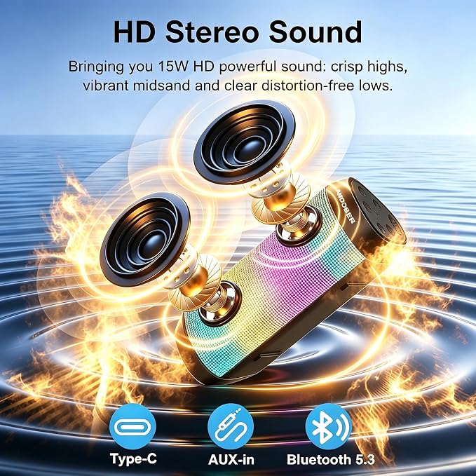 Portable Bluetooth Speaker Powerful HD Loud Sound, LED Lights, IPX4 Wateproof, 24H Playtime, Wireless TWS Pairing, Built-in Mic, for Home/Outdoor/Party, Birthday Gifts for Father Men Dad Husband