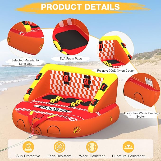 3-Person Towable Tubes for Boating with Towable Rope, Couch Reversible Boat Tube, Padded Bolster Guard Handles & Quick-Connect Tow Point | Towable Rope,Couch Reversible Boat Tube,Padded Bolster Guard Handles,Quick-Connect Tow Point
