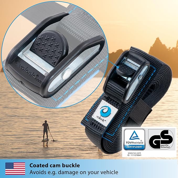 valonic Dolphin - tie Down Straps - 2 Pack, 6.5 ft x 1 inch, 2200 lbs, Protection pad, TÜV Rheinl. Certified, Protection padcam Buckle - for roof Rack, Surfboard, Kayak, Boat and Bike, Black