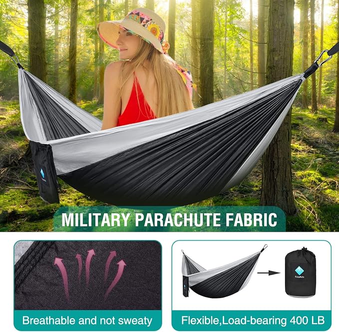 ERUW Hammock Camping, Portable Single/Double Hammocks for Outdoor Hiking Travel Backpacking - 210D Nylon Hammock Swing for Backyard & Garden (Blue/Sky Blue)