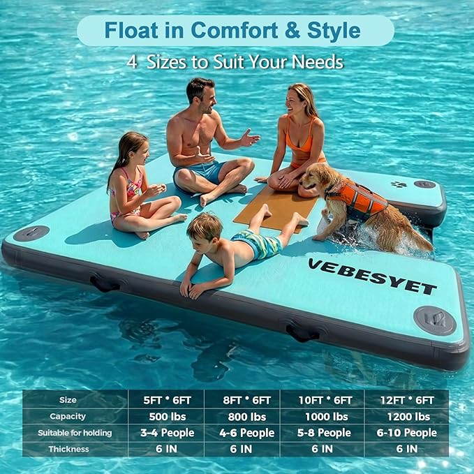 Inflatable Dock with Water Ramp, 6 inch Thick Non-Slip Inflatable Floating Dock for Dogs & Adults, Durable Drop-Stitch Floating Dock Platform for Lake, Ocean, Swimming & Fishing