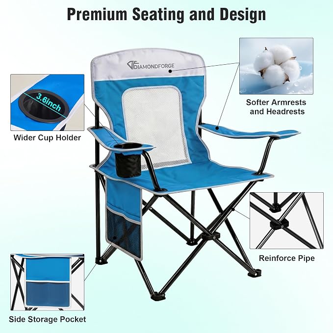 Camping Chairs, 300 LBS Breathable Mesh Lawn Chairs 2 Packs (Blue White) | High Back, Portable Outdoor Folding Camping Chairs for Adults, with Cup Holder for Picnic, Lawn, Beach, Fishing and Sports