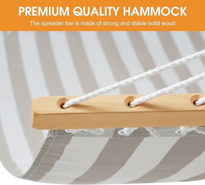 Lazy Daze Hammocks Quick Dry Hammock with Spreader Bar Textliene Fabric Double 2 Person Hammock with Chains Outdoor Patio Poolside Backyard Beach 450 lbs Capacity, Beige White Stripes