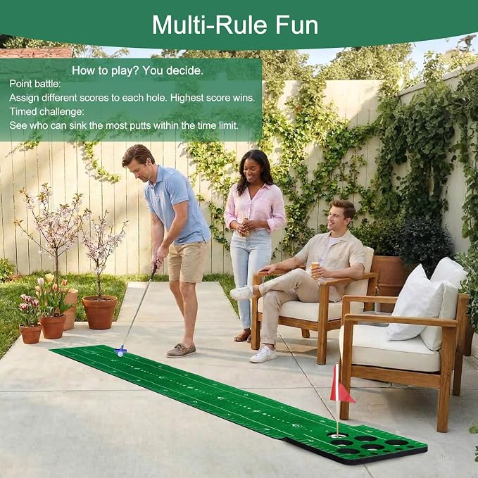 Chriiena Golf Putting Game Mat, Indoor Putting Green Set for Party Game | With 2 Balls, 1 Flag & Cup, Portable Pong Game Mat, Golf Games for Adults, For Backyard, Office, Party Use